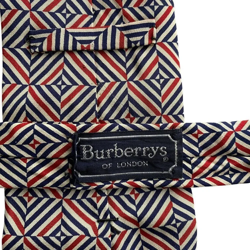 Vintage Burberrys of London Men's Tie Necktie Silk Hand Sewn Blue Red Beige
